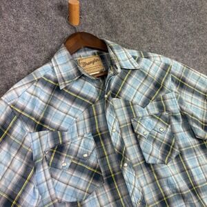 Wrangler Western Fashion Snap Shirt Mens XL Blue Yellow Plaid Short Sleeve